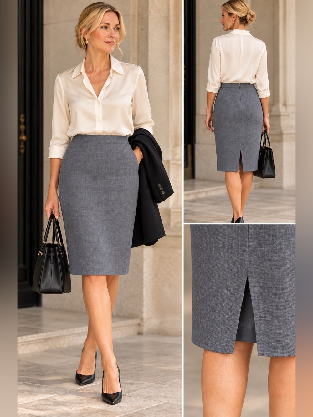 Classic High-Waist Pencil Skirt in Grey/Blue
